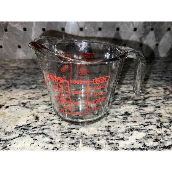 Anchor Hocking Measuring Cup Glass 2-Cup Red Lettering Hook Handle USA - Picture 4 of 6